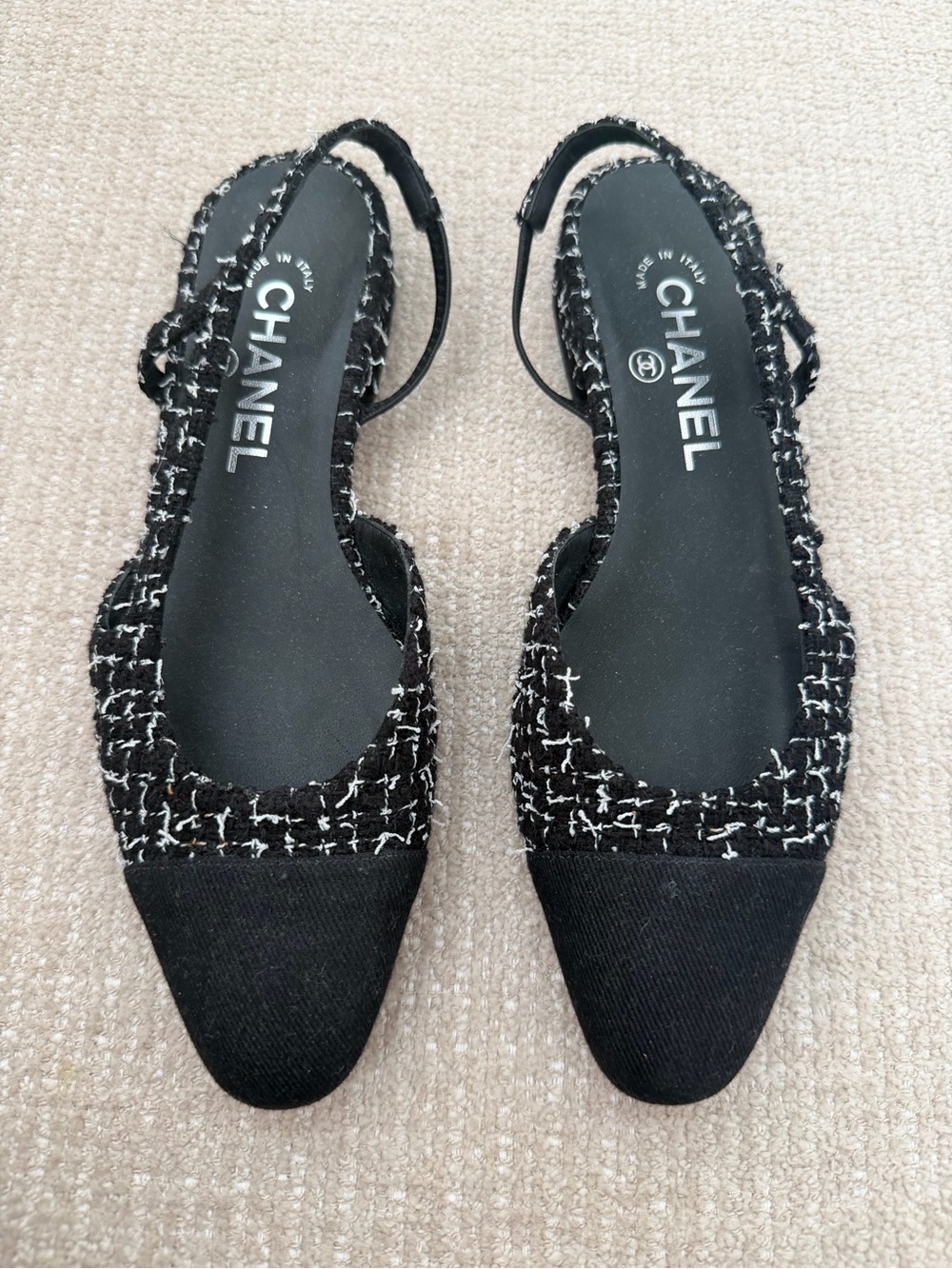 CHANEL Black Tweed and Canvas Slingback Flats CC 36.5